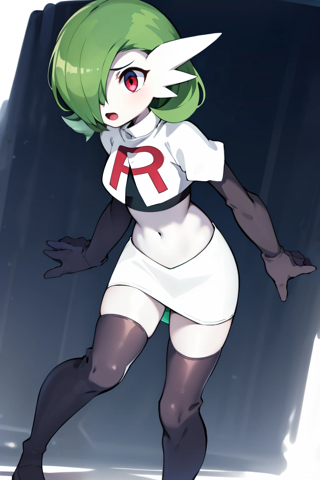 masterpiece, best_quality, 1girl, solo, gardevoir, creatures \(company\), game freak, nintendo, pokemon, pokemon \(game\), bangs, colored skin, female focus, gen 3 pokemon, green hair, green skin, hair over one eye, multicolored skin, pokemon \(creature\), red eyes, short hair, two-tone skin, white skin, team rocket,team rocket uniform,white skirt,red letter R,crop top,black thigh-highs,black elbow gloves