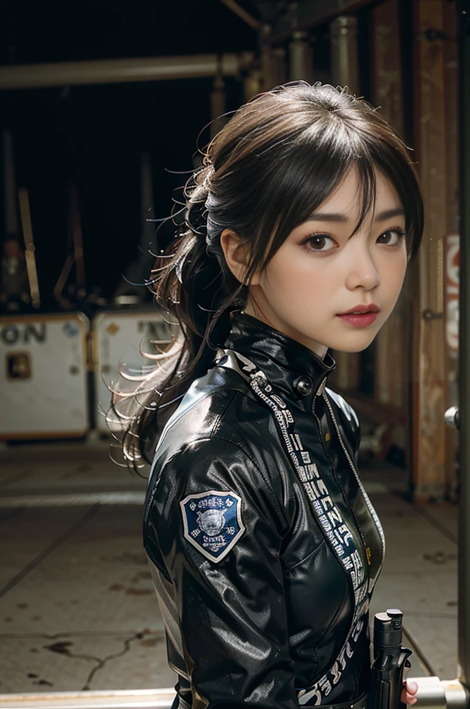 Highest image quality, outstanding details, ultra-high resolution, (realism: 1.4), (cowboy shot, from side view, looking at another), the best illustration, favor details, highly condensed 1girl, with a delicate and beautiful face, vigilance, ((holding a gun at the ready)), ponytail, captain, (wearing racing suit likes police uniform, black and gray mecha, military harness, attached grenades, bring a machinegun), background city view