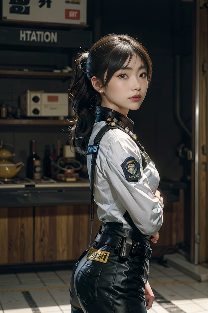 simple background,(Wearing a female police uniform and a police cap:1.4), solo, good hand,4k, high-res, masterpiece, best quality,((Hasselblad photography)), finely detailed skin, sharp focus, (cinematic lighting), soft lighting, dynamic angle, [:(detailed face:1.2):0.2],midriff peek, medium breasts, breasts,(((inside mansion))),1girl, jewelry,earrings, orange_sky, solo, mole, long_hair, mole under eye, upper body, grey eyes, looking at viewer,black hair,Fashion,(head tilt:1.4), red background, lips, slightly smile