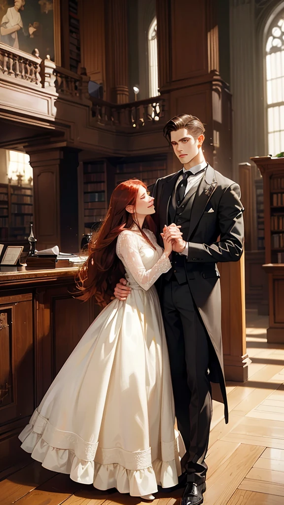 (best qualityer)couple holding hands,romantic, in a library; (realistic pitura) ; (detaileds) beautiful redhead woman with long hair wearing classic white dress;(realisitic); handsome and youthful dark haired man.(19th century);( deviant art); (romantic) old library.