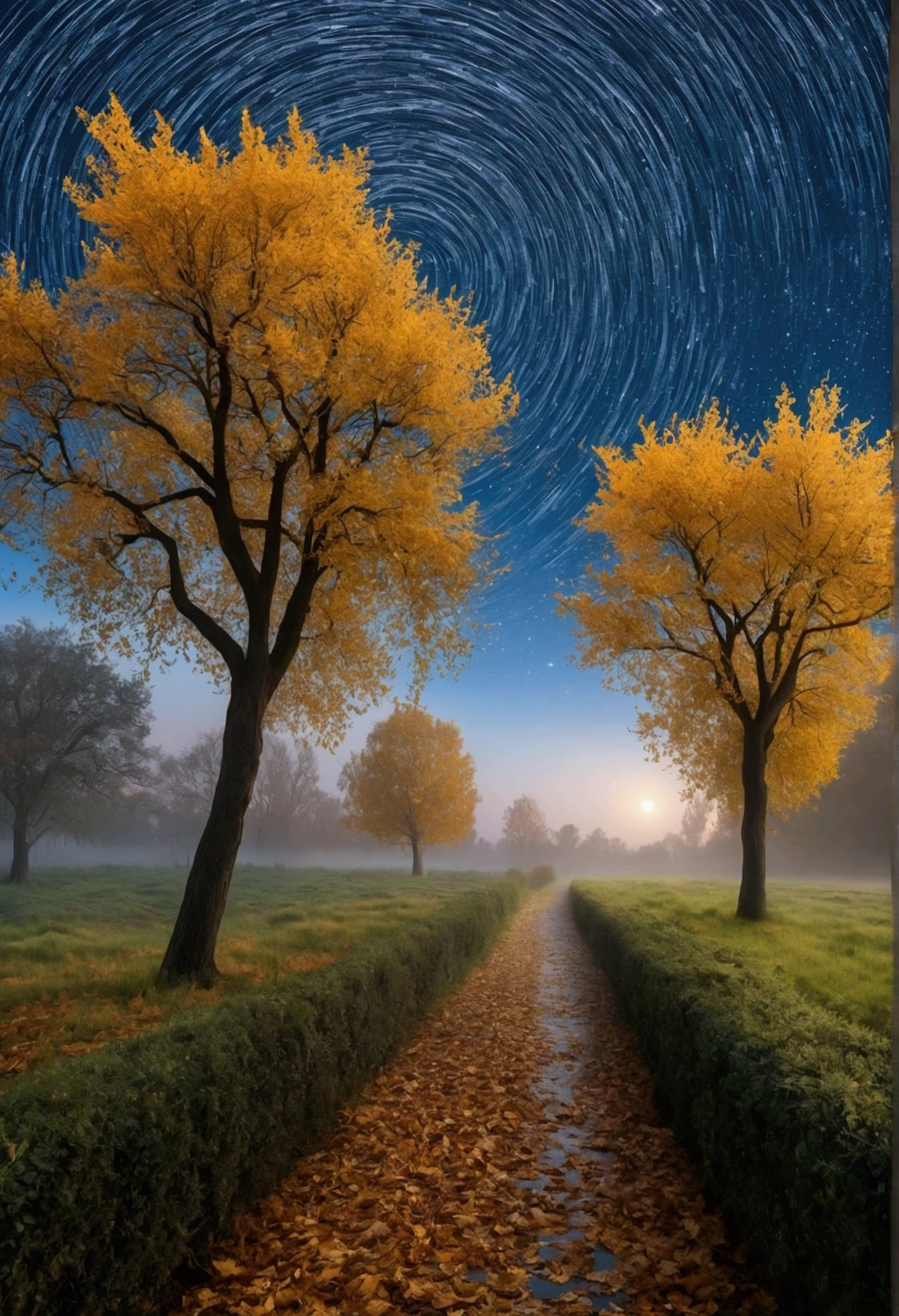 work of art, Maximum quality, high détail, A Starry Night Style by Van Goh, Autumn morning, Morning mist, confusion, cinematic light, Riu, highy detailed