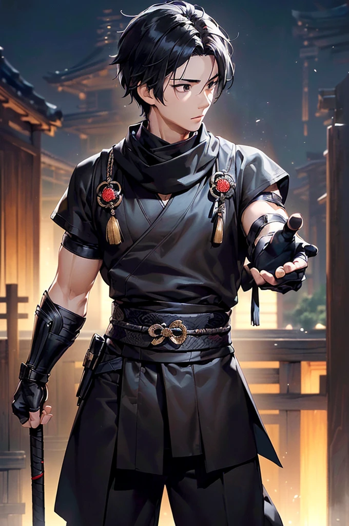(((masterpiece; best quality: 1.2))), (finely detailed eyes: 1.3), ((1 young man)), ((solo)), (black eyes: 1.4), (body shape; lean, masculine: 1.3), (very short black hair: 1.3), (beautiful and clear background: 1.2), ((depth of field)), (equipment: black shinobi clothing + fully covered + black kimono + black pants + black scarf + black bracers + black fingerless gloves: 1.3), (anime illustration: 1.2), (background composition; old japanese mansion + night: 1.1), (extremely fine and handsome: 1.1), (shot composition; standing + centered on torso + close-up: 1.5), (facial expression; calm, stoic: 1.2)