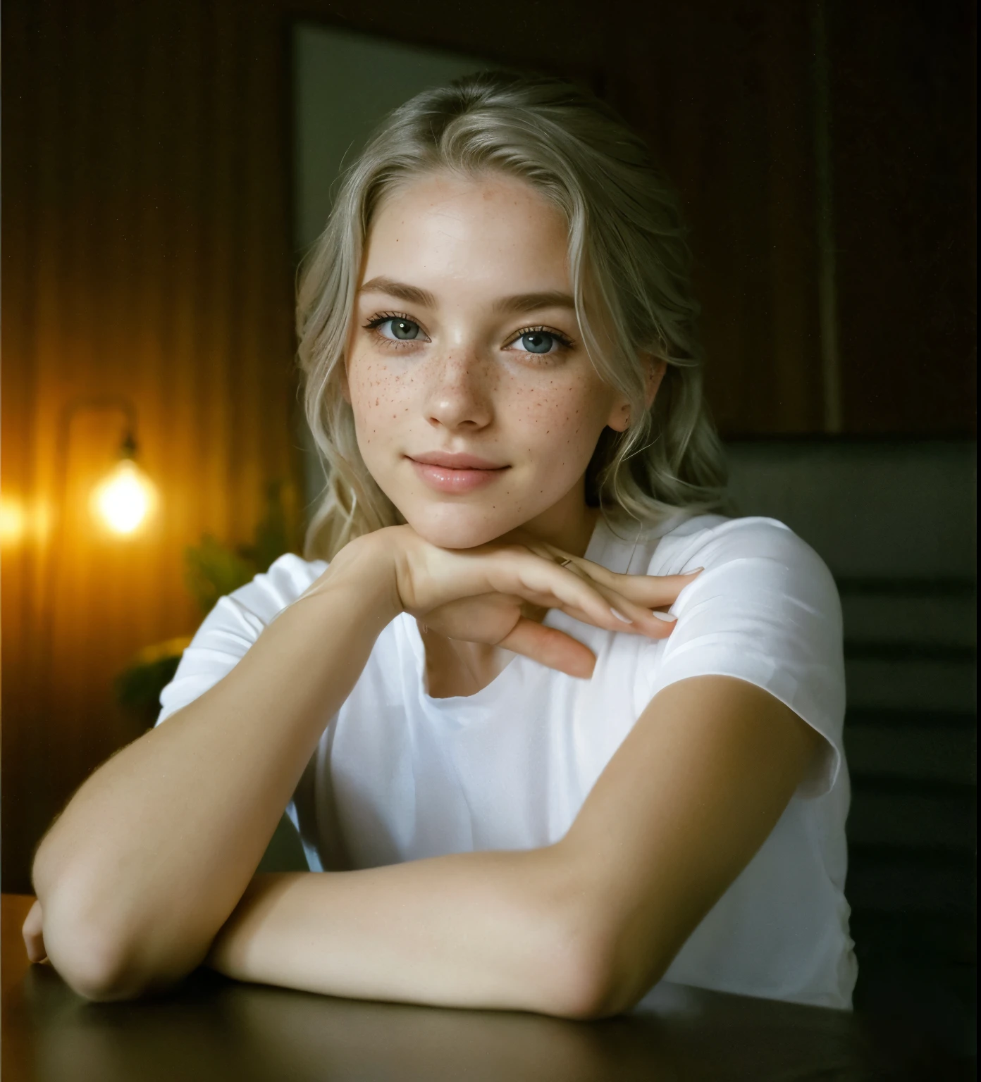 Face of a woman, americana, age 25, pale skin and freckles, grey-eyed, delicate nose, soft and delicate lips, Long Wavy Gray Blonde Hair, Sweet smile,