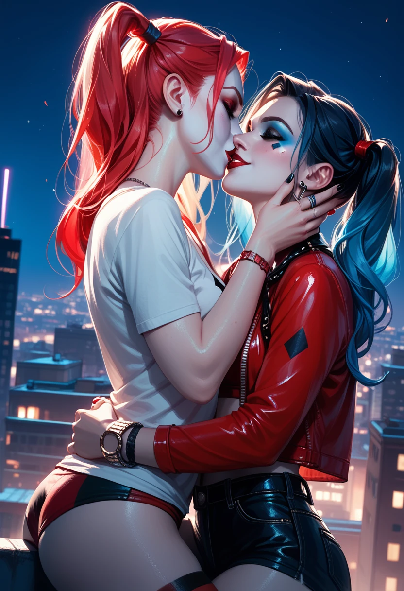 score_9, score_8_up, score_7_up, score_6_up, 2girls, Harley quinn and jinx, yuri, girlfriends, lovers, kissing, city rooftop, night, cinematic lighting.