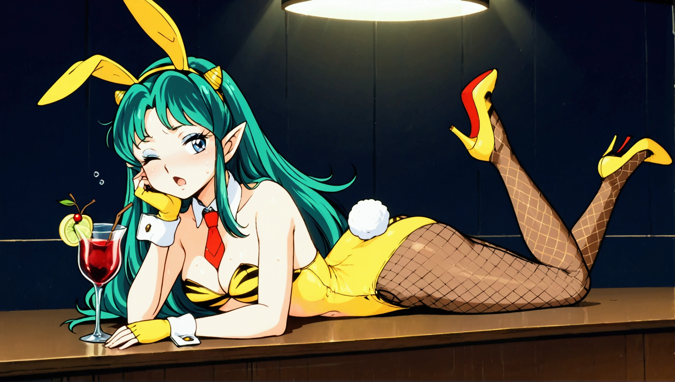 Score_9, score_8_up, score_7_up, 1980's style, JK, retro, source anime, flat color, (masterpiece), (best quality), (ultra-detailed), (illustration), top quality, official art, 8k wallpaper, very detailed, (an extremely delicate and beautiful), (intense colors), (dramatic lighting). lum, anime screencap, 1girl, solo, dynamic angle, Beautiful, (nsfw:0.95), ((baby face)), cute girl, She is Little cute girl, alice-type underwear, green hair, blue eyes, yellow (tiny horns), pointy ears, aqua hair, eyeshadow, gorgeous girl, kawai girl, cute face, beautiful eyes, navel, cleavage, swimsuit, bikini, strapless, animal print, yellow bikini, tiger print, strapless bikini, thick thighs, masterpiece, blush, drunk, yelling, sweat body, playboy bunny, strapless leotard, fishnet pantyhose, fishnets, fingerless gloves, wrist cuffs, detached collar, necktie, high heels, leotard aside, rear view, high heels, fake tail, fake rabbit tail, scut tail, looking back, leaning forward, boobs is lying on the bar, shut eyes, accurate fingers, (lots of cherries in a margarita glass), holding a margarita glass with cherries, cyberpunk strip bar future neon light, (upper body).