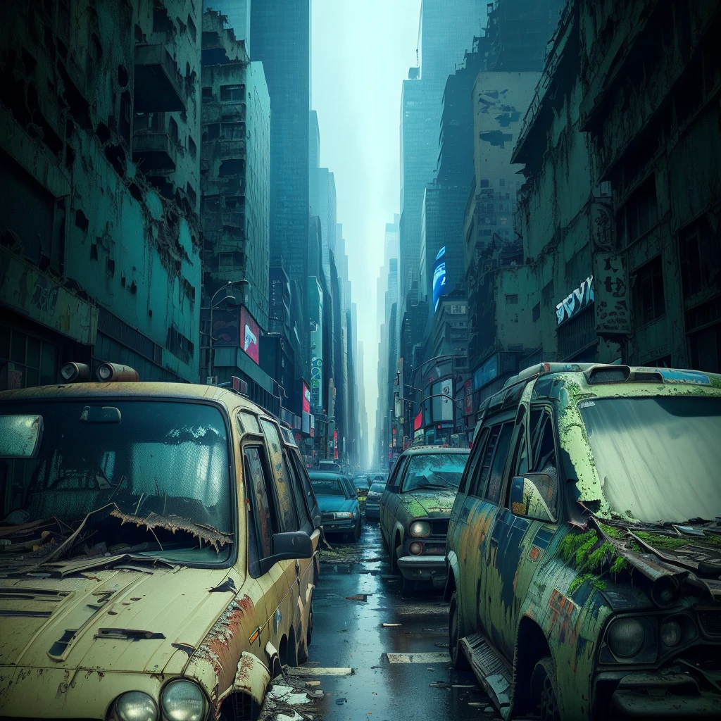 There are many cars parked on the roadside, Post-apocalyptic New York, Cities are pure wastelands, post - Doomsday City streets, in a post Doomsday City, Doomsday City, Post-apocalyptic Tokyo, Post-apocalyptic Times Square, In a ruined cityscape, In a tropical dystopic city, Doomsday City backround, Detailed New York background, post apocalyptic streets