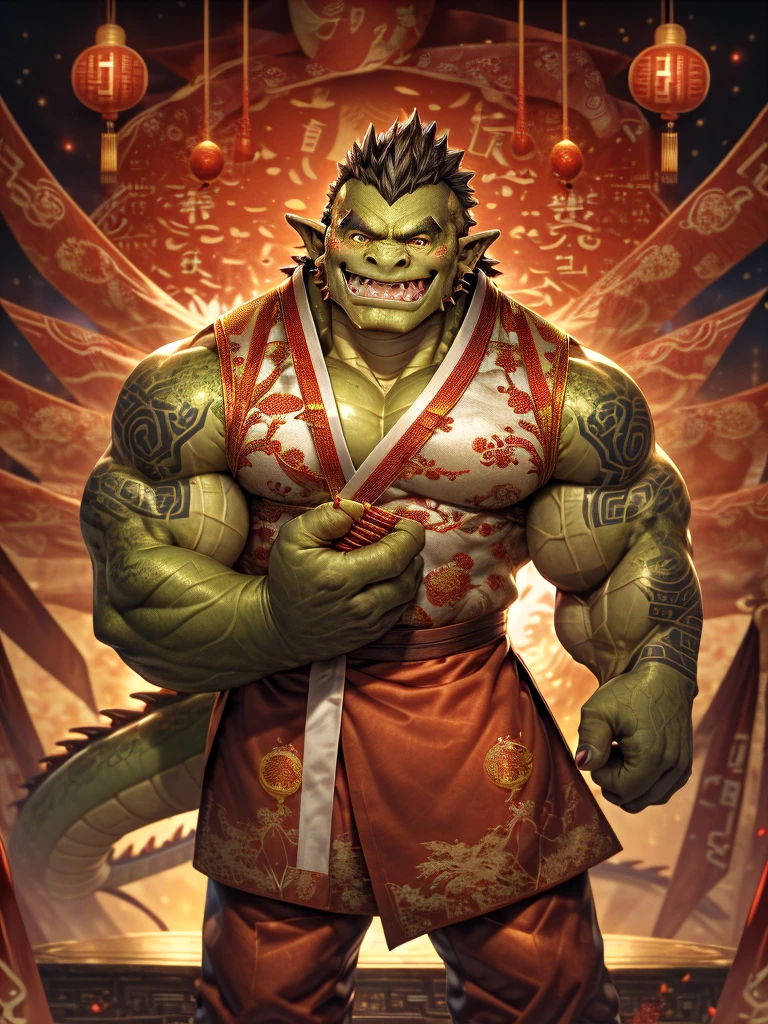 looking at viewer, Amidst the Chinese New Year festivities of the Dragon, a (handsome young man:1.1)( dons traditional attire:1.5). His clothing reveals chiseled muscles and tattoos, with a red shirt featuring golden dragon embroidery and snug, red trousers adorned with fireworks motifs. Completing the look are golden shoes.
he stands against a backdrop of gleaming red and gold lanterns on a stage filled with music and firecrackers. The man's tattoos, depicting dragons and Chinese symbols, underscore his cultural connection. With a radiant smile, he extends blessings for the year ahead, encapsulating the spirit of joy and community celebration. His masculine, youthful, and tender features exude warmth and charm, adding to the festive atmosphere of the occasion,
dynamic pose,
0rc, orc, green skin, bara, muscle, abs, hair chest,, masterpiece, 4k, high quality, highres, absurdres,