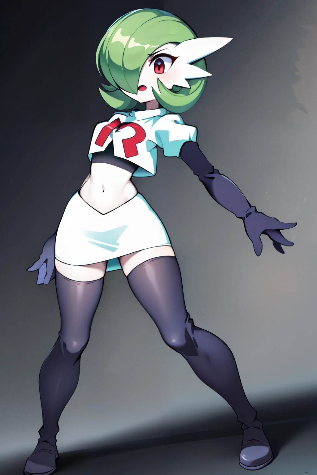 masterpiece, best_quality, 1girl, solo, gardevoir, creatures \(company\), game freak, nintendo, pokemon, pokemon \(game\), bangs, colored skin, female focus, gen 3 pokemon, green hair, green skin, hair over one eye, multicolored skin, pokemon \(creature\), red eyes, short hair, two-tone skin, white skin, team rocket,team rocket uniform,white skirt,red letter R,crop top,black thigh-highs,black elbow gloves