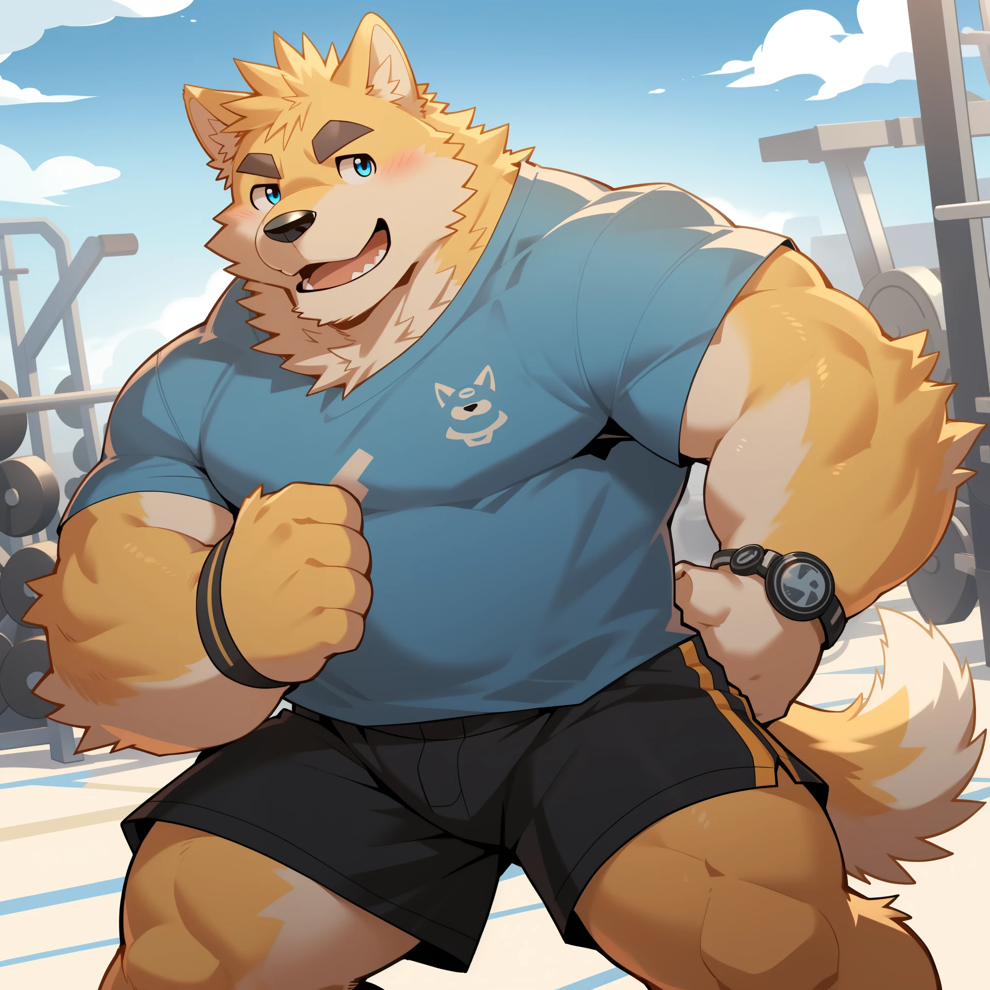 Scribble 金毛巡回dog face,Humanity(dog),(White short sleeve:1.3),Muscular,(Black eyebrows:1.1),(Perfect eyes),Yellow fur，（artist:Takemoto Arashi），Gym background，Wolf Tail，（Black shorts:1.3）。