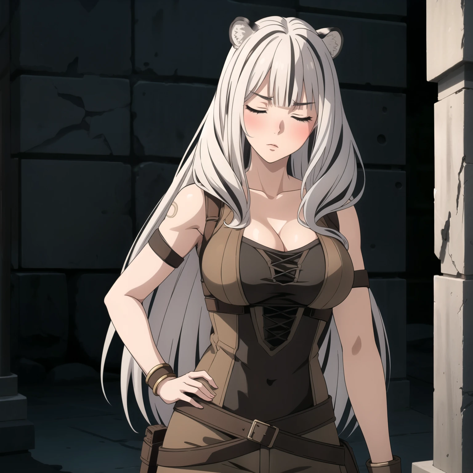 Atlas Fayon woman 40 years old, white hair with black stripes ,white tiger ears, closed eyes, mujer ciega con closed eyes, serious expression, blush,  Pale skin, big breasts, lara croft costume,  Lara Croft cosplay . background some ancient ruins neckline .lara crft.
