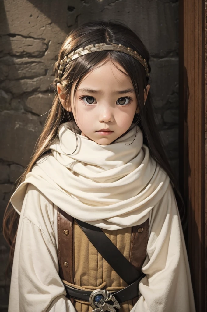 small child long hair standing  cowl  headband on forehead small room guarding protecting standing next to wall watching area no emotions sword on her back ahego