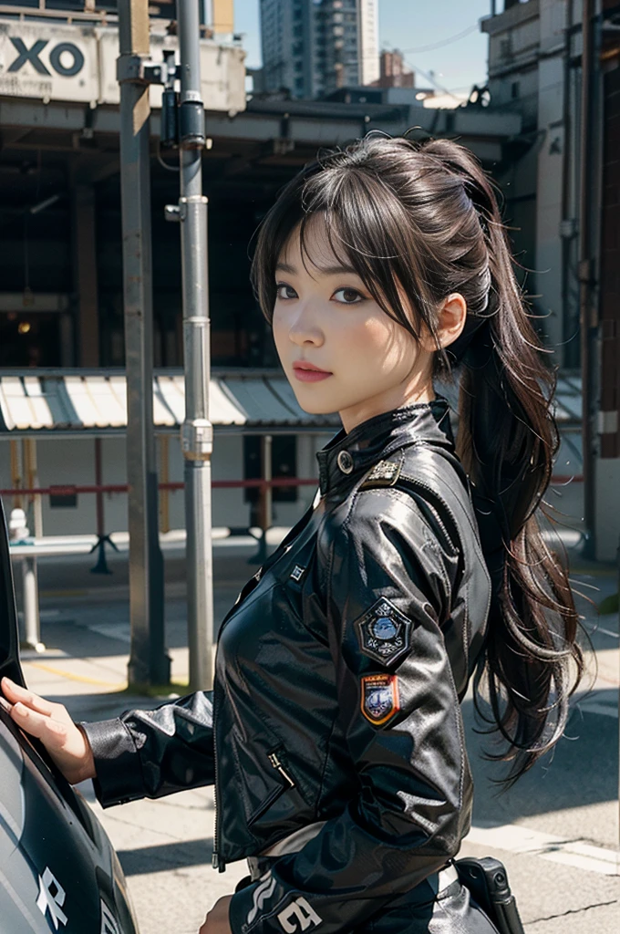 Highest image quality, outstanding details, ultra-high resolution, (realism: 1.4), (cowboy shot, from side view, looking at another), the best illustration, favor details, highly condensed 1girl, with a delicate and beautiful face, vigilance, ((holding a gun at the ready)), ponytail, captain, (wearing racing suit uniform, black and gray mecha, military harness, attached grenades, bring a machinegun), background city view