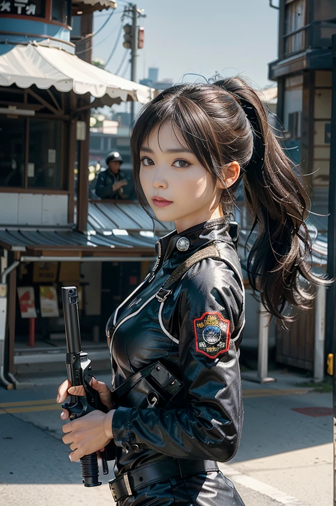 Highest image quality, outstanding details, ultra-high resolution, (realism: 1.4), (cowboy shot, from side view, looking at another), the best illustration, favor details, highly condensed 1girl, with a delicate and beautiful face, vigilance, ((holding a gun at the ready)), ponytail, captain, (wearing racing suit uniform, black and gray mecha, military harness, attached grenades, bring a machinegun), background city view