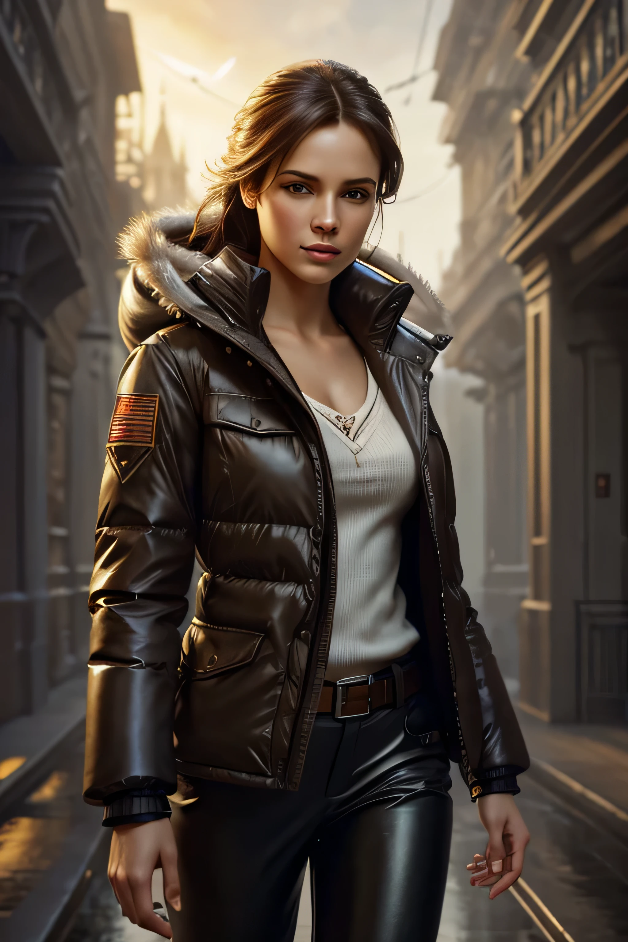 photorealism, full body, a young woman, puffer down jacket & pants, leather, beautiful realistic eyeantastic face, beautiful look, Michael Garmash, Daniel F Gerhartz, Storybook style, warm dreamy lighting, white background, volumetric lighting, pulp adventure style, fluid acrylic, dynamic gradients, vivid color, illustration, highly detailed vector curves, , smooth and clean, vector art, smooth, Johan Grenier, character design, 3d shading, cinematic, ornate patterns, elegant organic framing, hyperrealism, posterized, collection of masterpieces, lush vivid colors, twilight, wet gouache