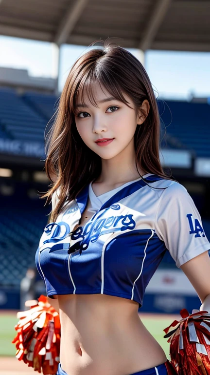 photography of a brightly sangmi nam who is korean actress,masterpiece,photorealistic,analog,realism,korean idol,slim leg, long_brown_hair,1 girl, very bright backlighting, solo, {beautiful and detailed eyes},large breasts, calm expression, natural and soft light,delicate facial features, Blunt bangs, beautiful Korean girl, eye smile,22yo, ((model pose)), Glamor body type,(half red and hair), flim grain, realhands, masterpiece, Best Quality, photorealistic, ultra-detailed, finely detailed, high resolution,brown messy hair, perfect dynamic composition, beautiful detailed eyes,Korean girl,((nervous and embarrassed)),sharp-focus, beautymix, FilmGirl,(wearing a cropped Los Angeles Dodgers uniform with a midriff-baring cut paired,:1.4),(cheerleader, wearing cheerleading outfit:1.5),facing reality,(smile:1.5),(You must be cheerleading at Dodger Stadium:1.4),dynamic movement,(revealing a glimpse of cleavage:1.1),(cowboy shot:1.3)