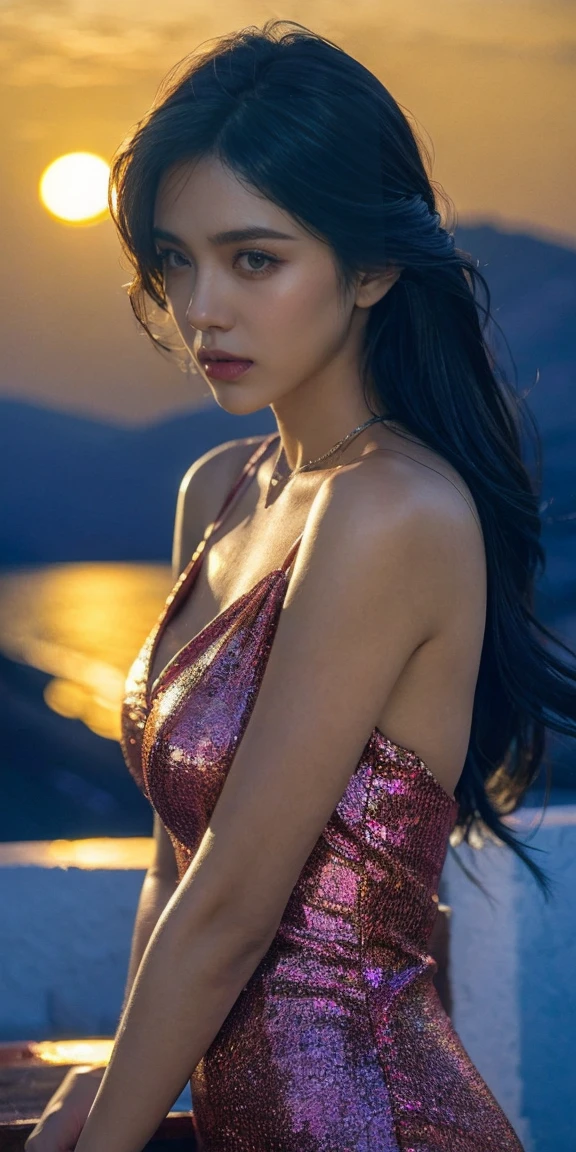 yenfer, Whole body, long_hair, amazing hair, gorgeous, city girl, neckline, western film, flower_dress, hot girl, Santorini, Greece, Watching the sunset, make up, (masterpiece), Best Quality, High resolution, extremely detailed, blurred background, depth of field, cinematic lighting.