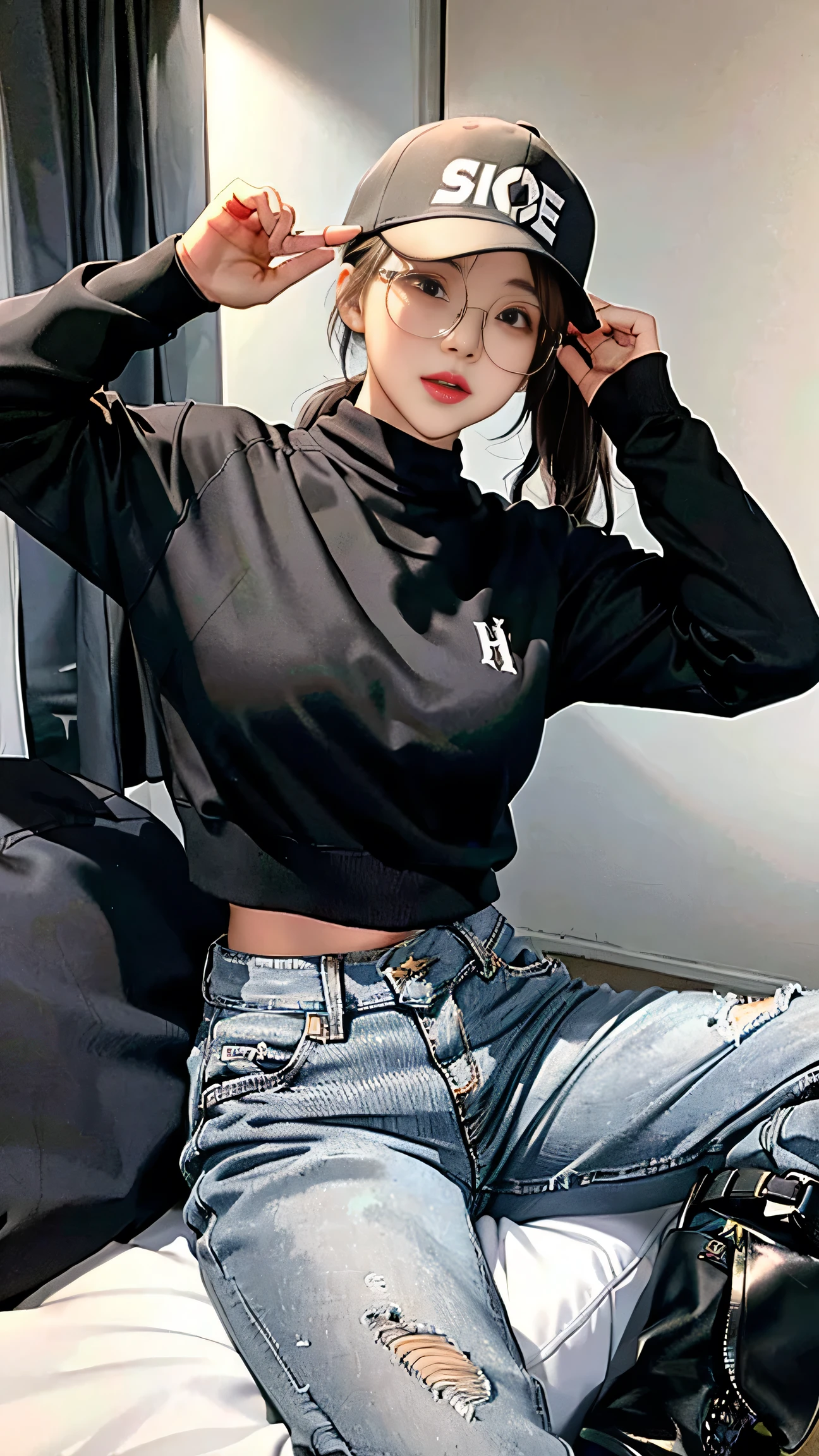 Girl,sexy,cute,ponytail hair,wearong black baseball cap,wearing aviation jumper,Jeans,wearing black boots, wearing black round glasses