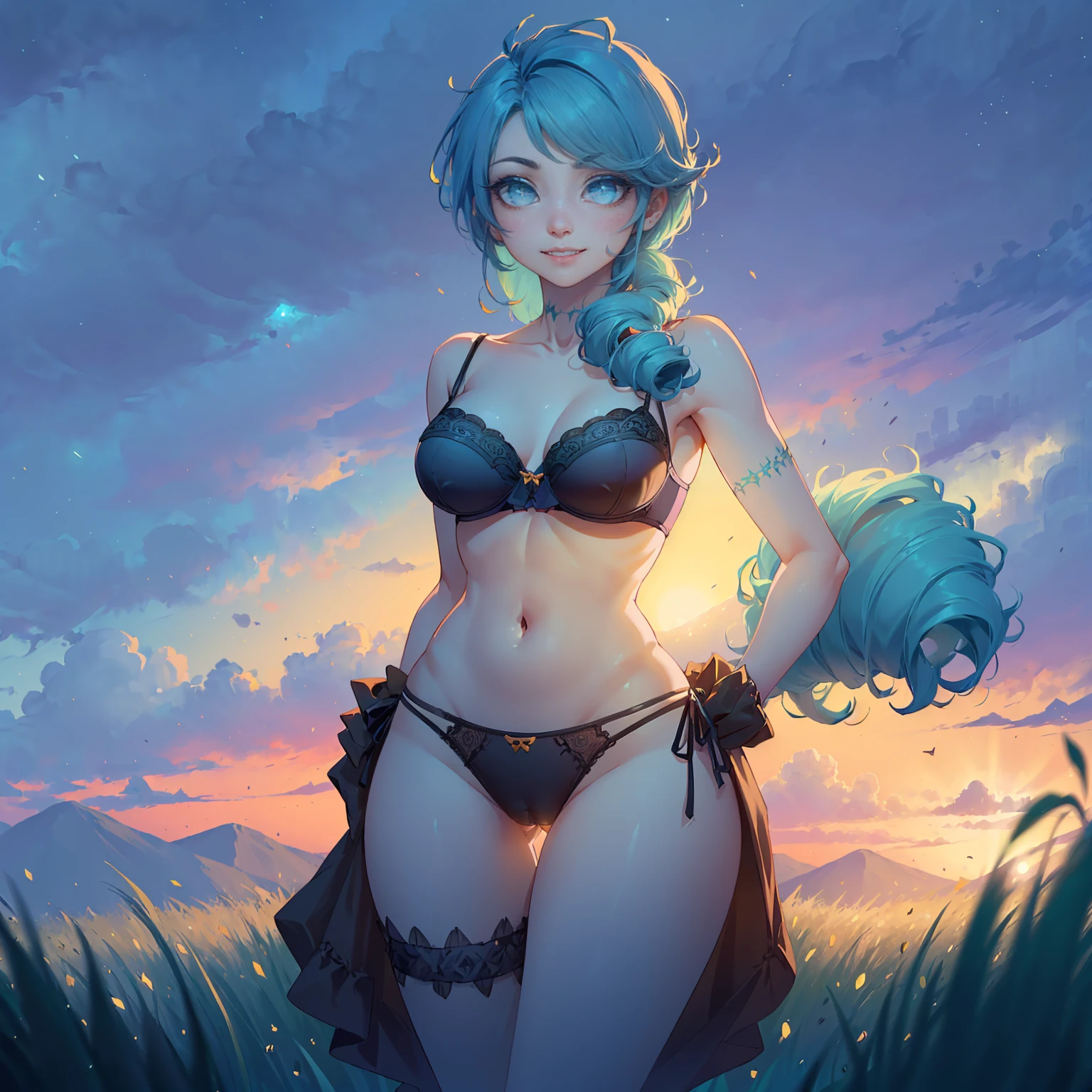 (((solo,1woman, mature, alone))), gwen \(league of legends\), ((blue hair, twin drills, glowing blue eyes, wide eyes, makeup, narrow waist, skinny, medium breasts)), pelvic curtain, ((black panties, black bra)), full body, perfect body, (insanely detailed, beautiful detailed face, masterpiece, best quality), (extremely detailed 8k paper CG wall unit: 1.1), (florest scenery, plant, field, night, color, yellow, red, cloudy sky)), (smile face for the viewer), cameltoe
