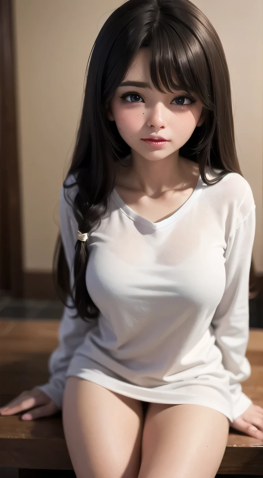 Sexy and cute woman, black brown hair, long hair, straight hair, weak eyes, blushing intensely, lips parted, ready to kiss, long oversized white shirt