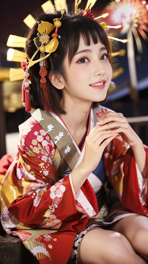 (8k、RAW Photosgraphy、Highest quality、masterpiece:1.2)、(Realistic、Realistic:1.37)、Ultra-high resolution、One Girl、cute、alone、night、Sitting、date、(Nose redness)、(Laughter:1.1)、(Closed)、Huge 、Beautiful Eyes、(short hair:1.2)、(((Fireworks bursting into the sky、night)))、(((kimono、yukata)))、Cleavage、Perfect body、Perfect Fingers、Professional Lighting、Japanese Goddess、gravure、Detailed face and skin texture、fine grain、RAW Photos