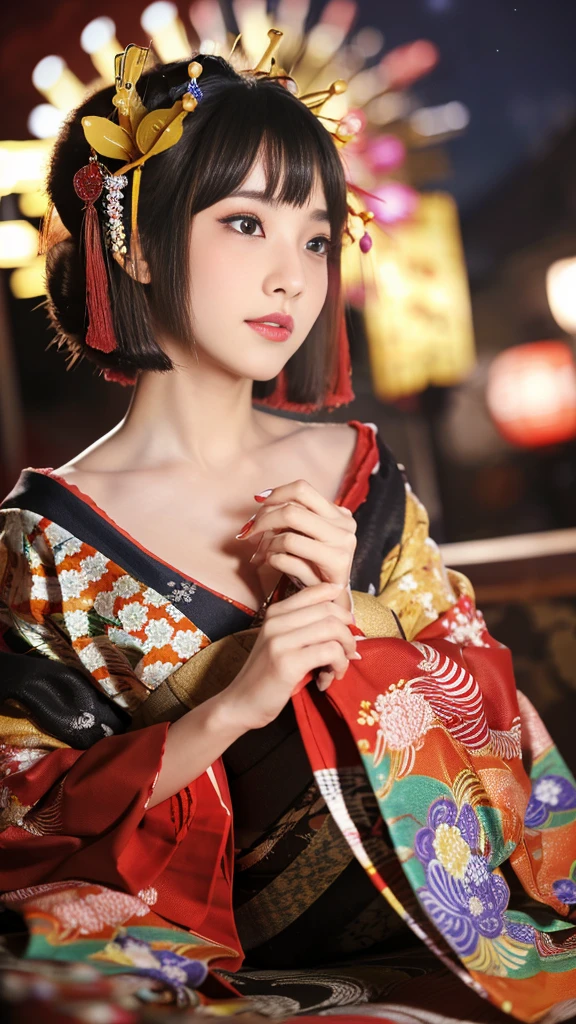 (8k、RAW Photosgraphy、Highest quality、masterpiece:1.2)、(Realistic、Realistic:1.37)、Ultra-high resolution、One Girl、cute、alone、night、Sitting、date、(Nose redness)、(Laughter:1.1)、(Closed)、Huge 、Beautiful Eyes、(short hair:1.2)、(((Fireworks bursting into the sky、night)))、(((kimono、yukata)))、Cleavage、Perfect body、Perfect Fingers、Professional Lighting、Japanese Goddess、gravure、Detailed face and skin texture、fine grain、RAW Photos