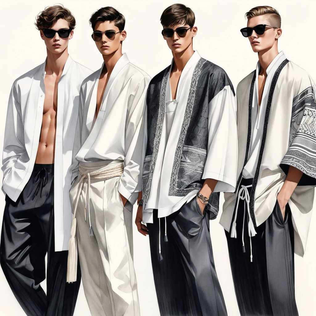 candid fashion illustration of a group of young 3man, aged 23 year old, tall and slender, mix race male super model, ((showcase fashion in a cotton outfits)), inspired by Christian Dior menswear resort collection, in elegant modern style with ((Trible ethnic woven fabric details)). The 1st man wears an oversized shirt with Trible embroidery and lace, paired with over side Pants, semi hard bugle, The 2nd man complements him in a white lace shirt, paired with white Drawstring short pants, 3rd man wears an oversized Yukata with white shirt, lace details, and relaxed hammer Pants, side entry pockets, all 3man completes the look with white sneakers, sunglasses, straw hat. Captured in a ((full-body pose)), ((drawing on white paper background)), realistic pencil lines, imperfect drawing, charcoal lines detail, fading sketch, fashion Sketching, low angle view, three man,