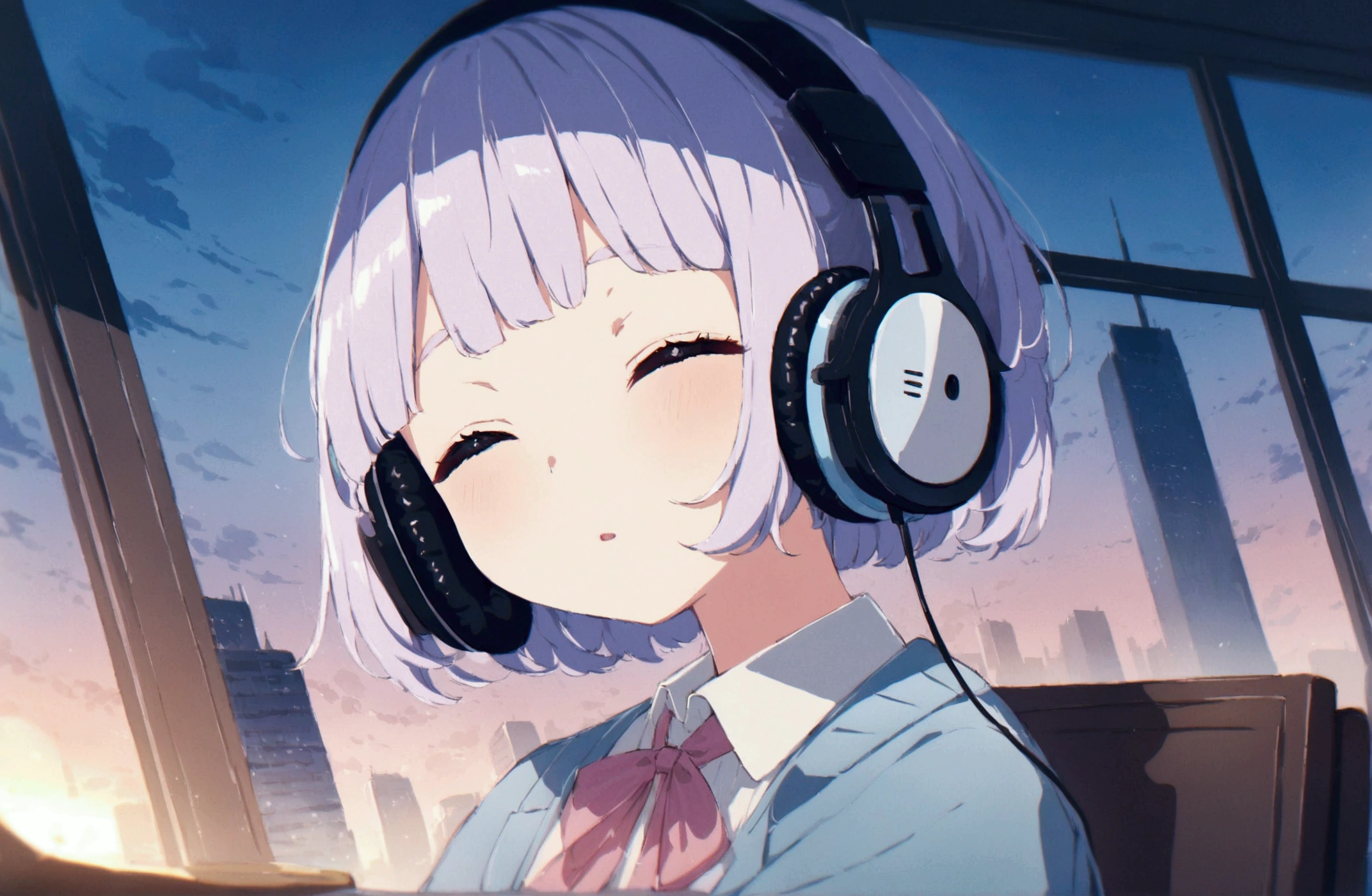 high quality、4K、Portraiture、512、Lo-Fi、Girl sitting on a chair wearing headphones、Take a nap at your desk、close your eyes、city view outside the window、evening、pastel colour、Painting