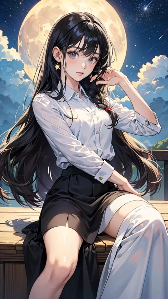 Couple, A beautiful woman with long hair wearing a white shirt, cute anime-style face, realistic anime girl, Chisato, black hair with bangs, Kurumi, cute and delicate face, young cute pale Asian face, Sakimichan, midday moon and stars in the sky, female, Realistic anime boy, A handsome boy in a white shirt, girl sitting in boy's arms, Smiling at the camera, cat, Raising a cat