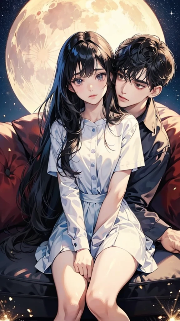 Couple, A beautiful woman with long hair wearing a white shirt, cute anime-style face, realistic anime girl, Chisato, black hair with bangs, Kurumi, cute and delicate face, young cute pale Asian face, Sakimichan, midday moon and stars in the sky, female, Realistic anime boy, A handsome boy in a white shirt, girl sitting in boy&#39;s arms, Smiling at the camera, cat, Raising a cat