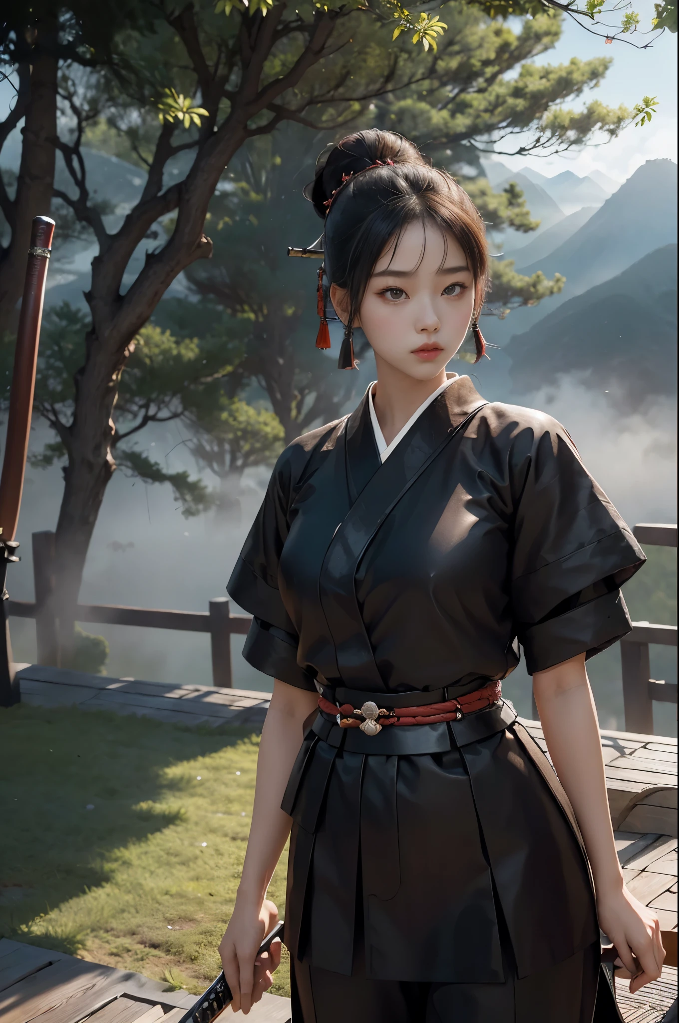 ((RAW photo), absurd, (absurdresolution)), masterpiece, best quality, (Extremely detailed 8k unity CG wallpaper), (best illustration), (best shadow), Realistic lighting, beautiful detailed glow, ((21 years old, the most beautiful young girl, beautiful, innocent face, Korean)), (standing looking at the viewer, resting her arms, leg slightly bent), (black hair, a big bun at the nape of her neck, long wooden pins), (perfect black pupil, defined, sharp), (((War kimono, protected with samurai armor, wood and leather, katana at the waist))), ((background: mountain with hinoki trees and fog, imperial Korean castle)), (((monochromatic background, she in color)))