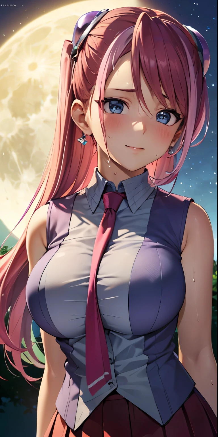 1 Female,High definition,high resolution,Ultra-realistic,8K, 8K, hy1, hair ornament, multicolored hair, necktie, skirt, sleeveless, , pink skirt, tight skirt,miniskirt, jewelry,European,sexy,Upper body close-up,Photographed from the front,Dynamic Angles,(blush), (big tits), happy, wink the eye,facial, sweat , outdoors, moonlight, night ,leaf , windy,tree background,(wide thighs :1.4)