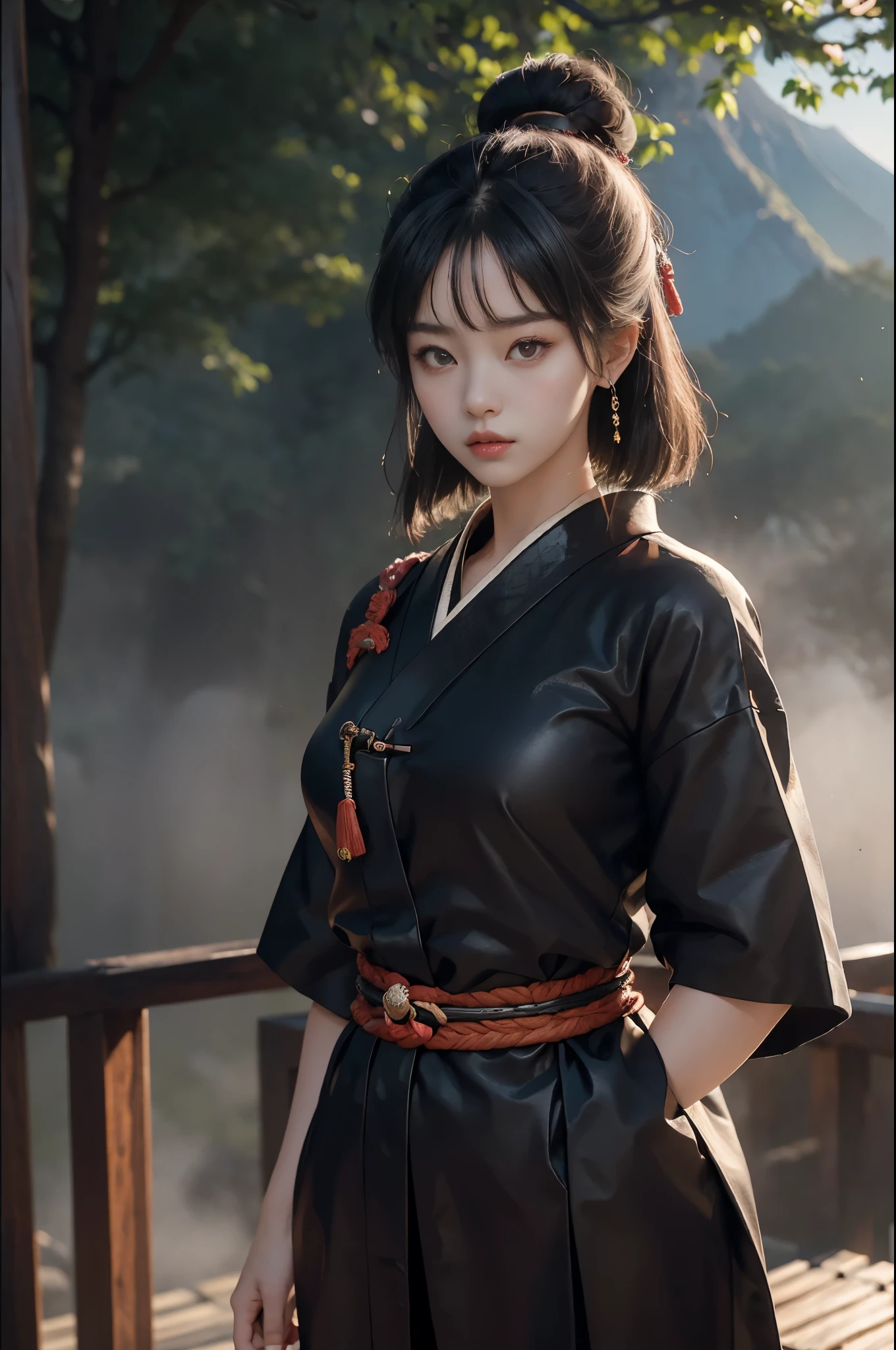 ((RAW photo), absurd, (absurdresolution)), masterpiece, best quality, (Extremely detailed 8k unity CG wallpaper), (best illustration), (best shadow), Realistic lighting, beautiful detailed glow, ((21 years old, the most beautiful young girl, beautiful, innocent face, Korean)), (standing looking at the viewer, resting her arms, leg slightly bent), (black hair, a big bun at the nape of her neck, long wooden pins), (perfect black pupil, defined, sharp), (((War kimono, protected with samurai armor, wood and leather, katana at the waist))), ((background: mountain with hinoki trees and fog, imperial Korean castle)), (((monochromatic background, she in color)))