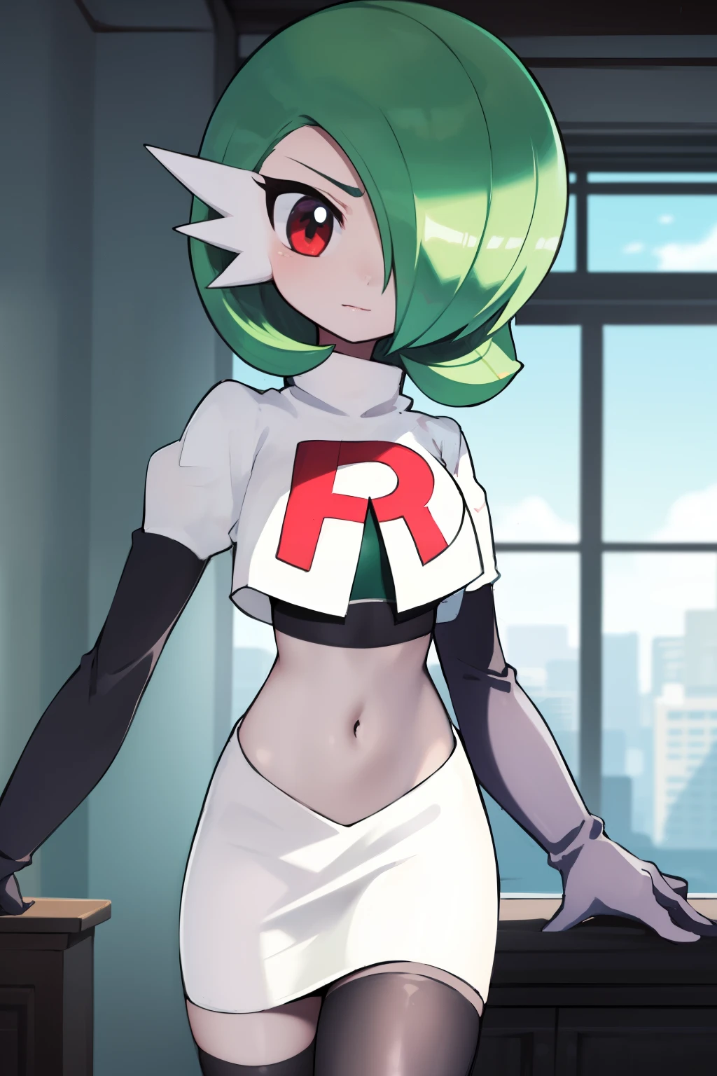 masterpiece, best_quality, 1girl, solo, gardevoir, creatures \(company\), game , nintendo, pokemon, pokemon \(game\), bangs, colored skin, female focus, gen 3 pokemon, green hair, green skin, hair over one eye, multicolored skin, pokemon \(creature\), red eyes, short hair, two-tone skin, white skin, team rocket,team rocket uniform,white skirt,red letter R,crop top,black thigh-highs,black elbow gloves