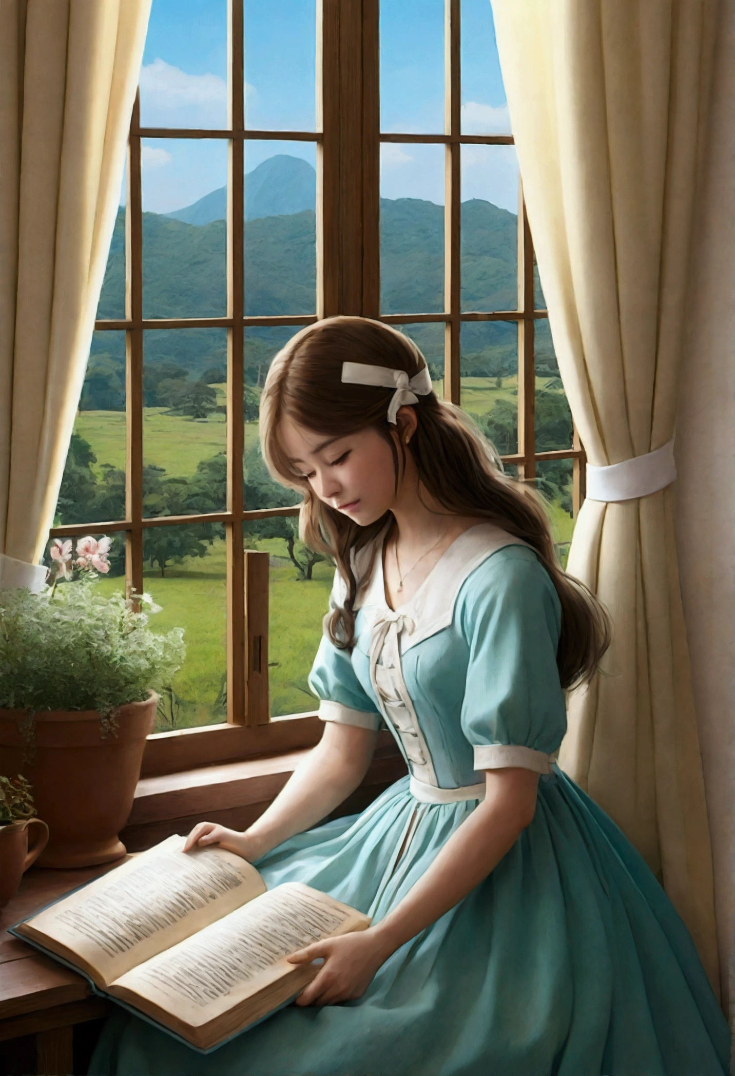 In a gentle garden landscape style, Animation color photo、Warm Afternoon、In a room where the sunlight shines softly、A girl is sitting by the window。Outside the window is a green countryside landscape、Blue mountains in the distance々Continuous。There are small potted flowers blooming on the windowsill.、The curtains rustle softly in the wind。
Girls、Her fluffy brown hair hangs down to her shoulders、Wearing a white ribbon。She is wearing a simple and pretty dress.、At her feet, a small cat is curled up and sleeping.。On her lap was an open book、She is absorbed in reading。
Her eyes are drawn to the world of the book、sometimes、The only sound in the room was the sound of pages turning.。The sunlight coming through the window、It gently illuminates her face and the pages of the book.。The sounds of birds chirping and wind are in the background.、The whole room is enveloped in a calm atmosphere.。
Around her、It's filled with small details that you'd find in a Ghibli film.。The shelves are filled with handmade items and antique clocks.、There are hand-knitted lace curtains hanging at the windows.。In the corner of the room、There was a slightly old stuffed toy placed there.、Faded posters hang on the walls。
Girlssometimes、Looking up outside the window、Reflect on the beauty of nature。From her calm expression、The quiet joy of reading、It's clear that you're having a good time。