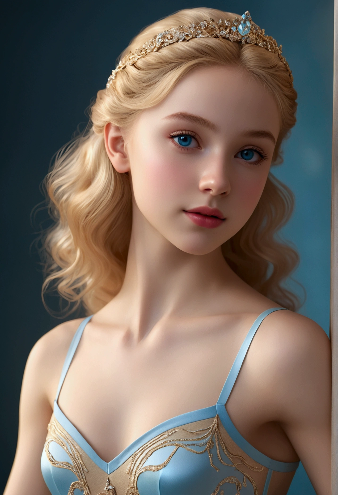 /imagine
A digitally crafted 3D render of a 21-year-old enchanting ballerina, radiating ethereal beauty and elegance. Her luminous golden hair cascades down her back in smooth waves, framing her delicate, porcelain-like complexion with a gentle glow. Her small, refined face is framed by long, slender lashes and rosy pink lips. Her clear, piercing blue eyes sparkle with an inner light, reflecting her focused determination. Her svelte, graceful figure dons a fitted, off-shoulder leotard, revealing a toned, dancer's physique. She stands in