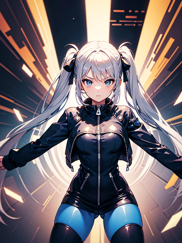 a girl，Long silver hair，long twintails，Blue tights，((Super detailed zipper))，Stylish style，dynamic poses，movie lighting effects