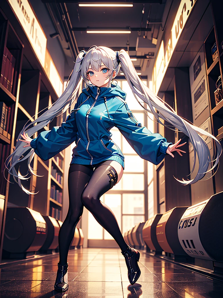 a girl，Long silver hair，long twintails，Blue tights，((Super detailed zipper))，Stylish style，dynamic poses，movie lighting effects