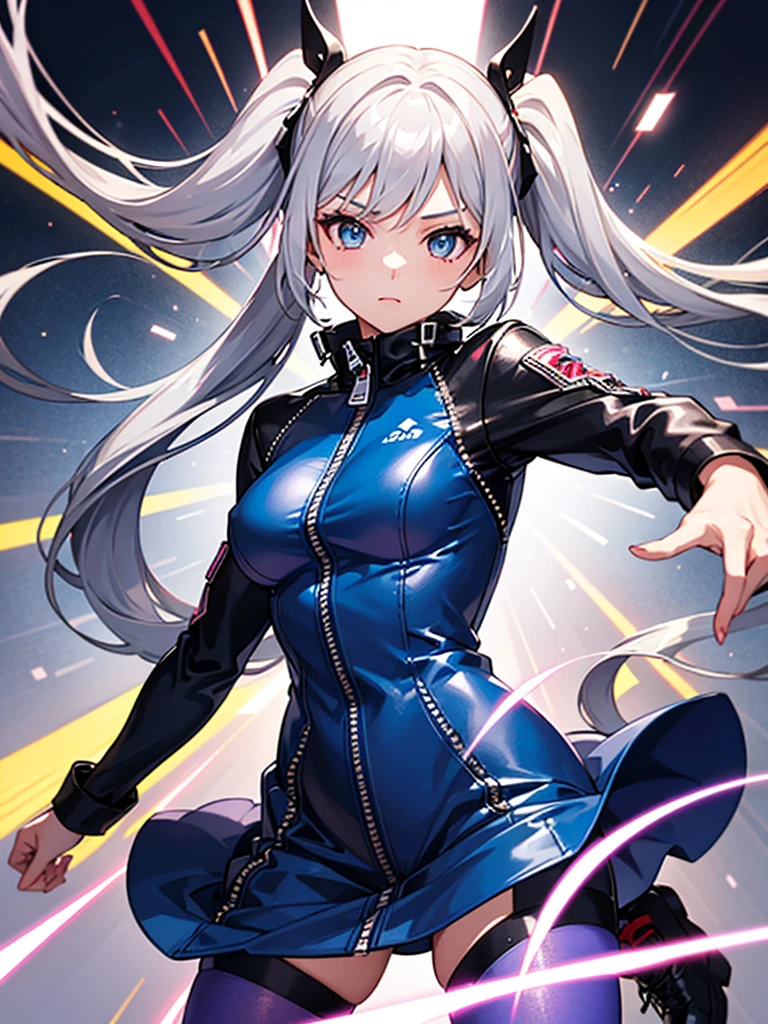 a girl,Long silver hair,long twintails,Blue tights,((Super detailed zipper)),Stylish style,dynamic poses,movie lighting effects