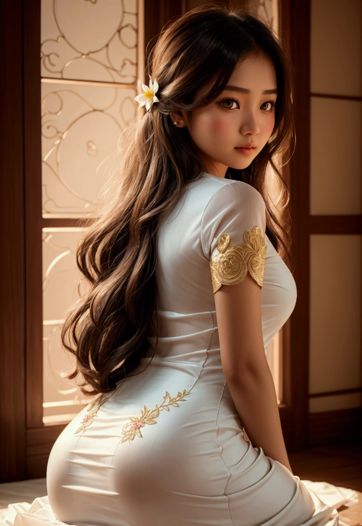 {sofia} girl big ass Myanmar dress Flower drawing very detail, soft lighting glow effect, cinematic look, beautiful hair