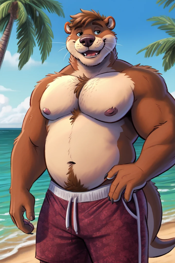 highest res, otter, anthro, 4 fingers, male in early 40's, average body, average bodied anthro, average bodied male, tail, standing outside at most realistic detailed accurate tropical beach, solo, most realistic detailed accurate blurred background, by dramamine, by nanoff, by minedoo, by dream_and_nightmare, by horrorbuns, short detailed multi tone otter fur, most realistic most detailed otter fur pattern, colors, and markings, most calm relaxed casual face, dynamic most tough and manly masculine calm casual relaxed happy cool pose, smiling, smiling at viewer, frontal view, fully front facing view, american, average height most sexy skinny slightly chubby body, open mouth, open eyes, detailed dark pupils, nude male, perfect quality, masterpiece, perked up ears, not facing viewer, without text, closeup, no body hair, showing teeth, most detailed small nipples, nipple tips and areolas, most detailed medium sized pecs, realistic detailed medium sized belly, very realistic body proportions, wearing most detailed colorful most cool swim trunks, most detailed short otter hair, most detailed short cool hairstyle, most detailed otter teeth, outdoors, wet fur, hdr, 8k, daddy, dad bod, dilf, belly overhang, an14, most detailed deep navel, e621, best anatomy, perfect ergonomics, noon, most tough and manly masucline male, 