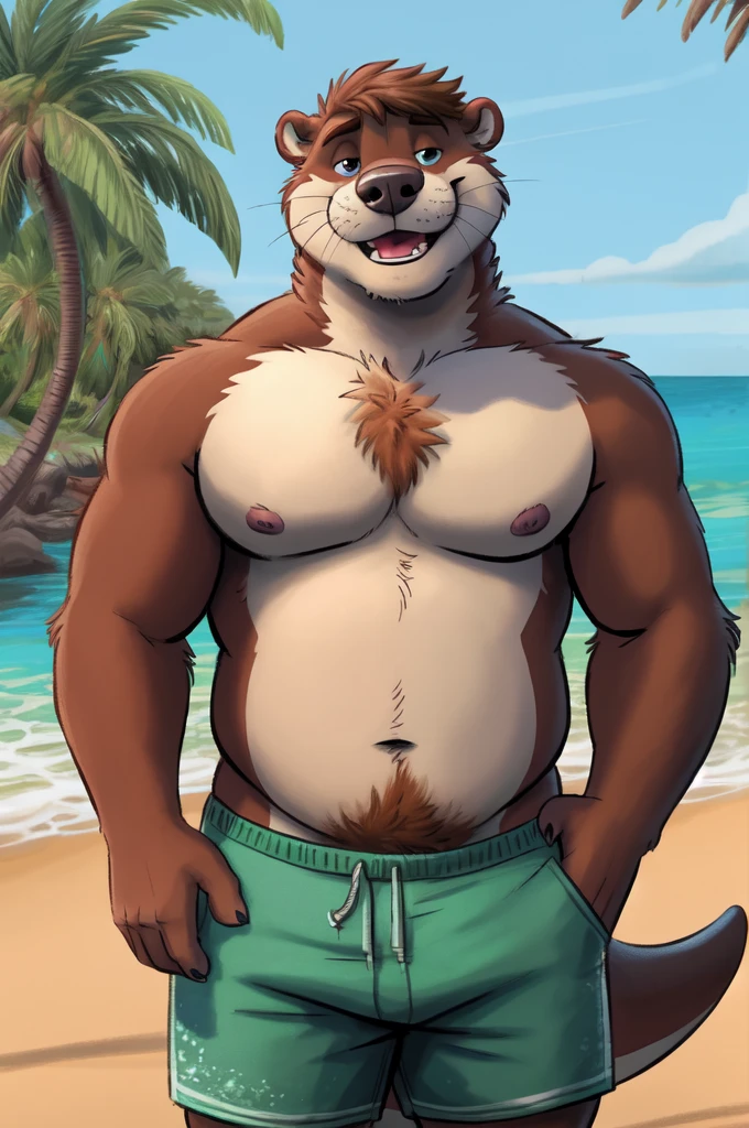 highest res, otter, anthro, 4 fingers, male in early 40's, average body, average bodied anthro, average bodied male, tail, standing outside at most realistic detailed accurate tropical beach, solo, most realistic detailed accurate blurred background, by dramamine, by nanoff, by minedoo, by dream_and_nightmare, by horrorbuns, short detailed multi tone otter fur, most realistic most detailed otter fur pattern, colors, and markings, most calm relaxed casual face, dynamic most tough and manly masculine calm casual relaxed happy cool pose, smiling, smiling at viewer, frontal view, fully front facing view, american, average height most sexy skinny slightly chubby body, open mouth, open eyes, detailed dark pupils, nude male, perfect quality, masterpiece, perked up ears, not facing viewer, without text, closeup, no body hair, showing teeth, most detailed small nipples, nipple tips and areolas, most detailed medium sized pecs, realistic detailed medium sized belly, very realistic body proportions, wearing most detailed colorful most cool swim trunks, most detailed short otter hair, most detailed short cool hairstyle, most detailed otter teeth, outdoors, wet fur, hdr, 8k, daddy, dad bod, dilf, belly overhang, an14, most detailed deep navel, e621, best anatomy, perfect ergonomics, noon, most tough and manly masucline male, 