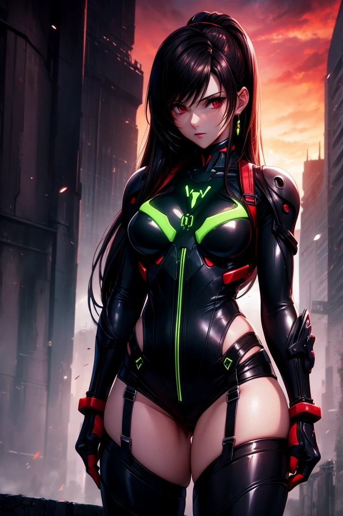 Waist up hyper detailed beauty Tifa Lockhart (masterpiece) in detailed black & golden plugsuit (Neon Genesis Evangelion aesthetic style), best quality, sharp focus, glowing