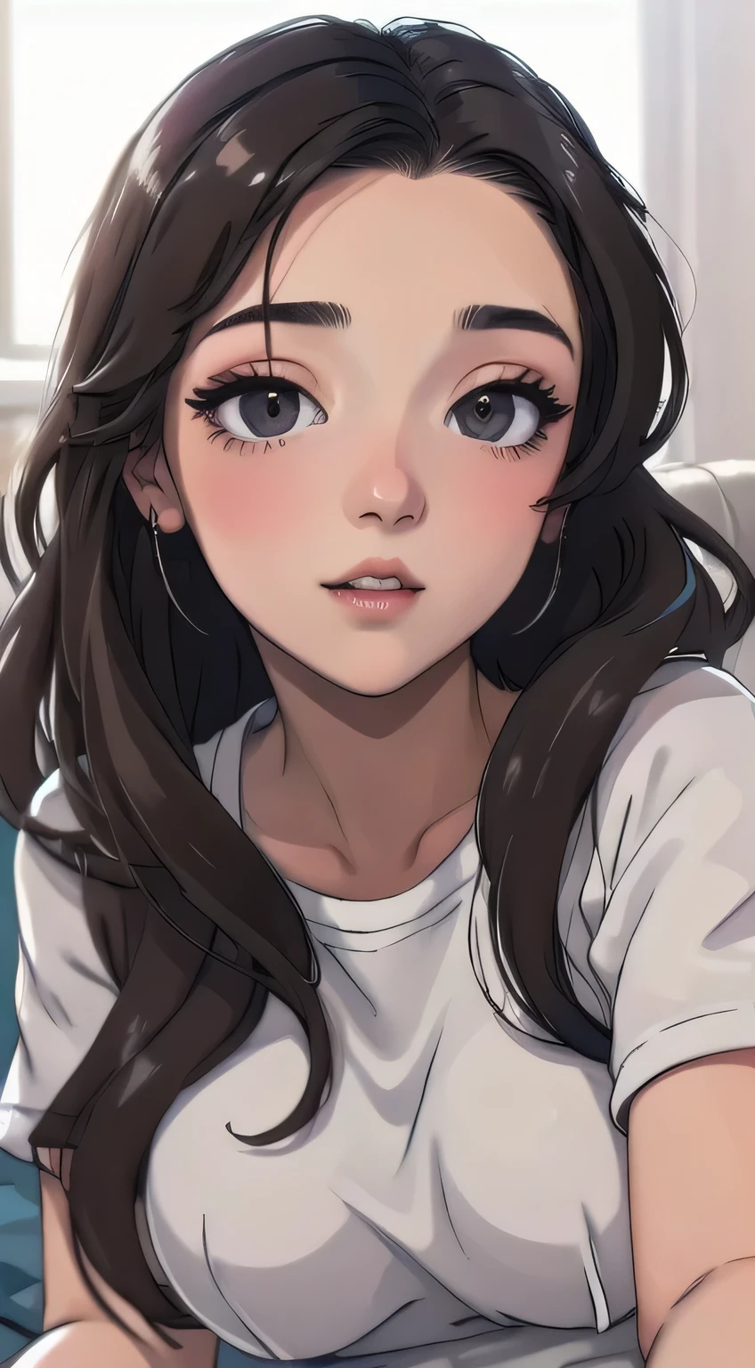 Sexy and cute woman, black brown hair, long hair, straight hair, weak eyes, blushing intensely, lips parted, ready to kiss, long oversized white shirt