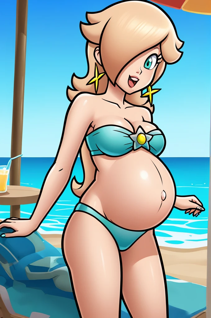 score_9, score_8_up, 1girl, solo, rosalina, style parody, thick outlines, bikini, swimsuit, pregnant belly, big belly, sleeveless, strapless, cleavage, indoors, beach, happy, showing his belly