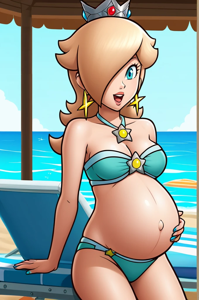 score_9, score_8_up, 1girl, solo, rosalina, style parody, thick outlines, bikini, swimsuit, pregnant belly, big belly, sleeveless, strapless, cleavage, indoors, beach, happy, showing his belly