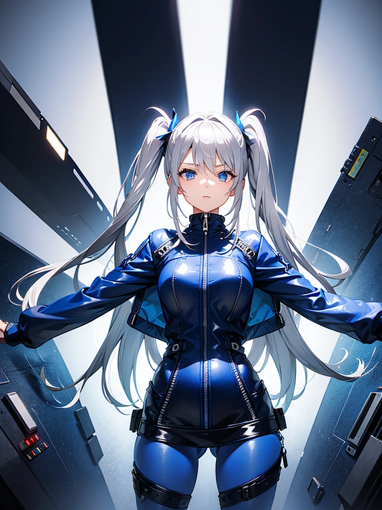 a girl，Long silver hair，long twintails，Blue tights，((Super detailed zipper))，Stylish style，dynamic poses，movie lighting effects