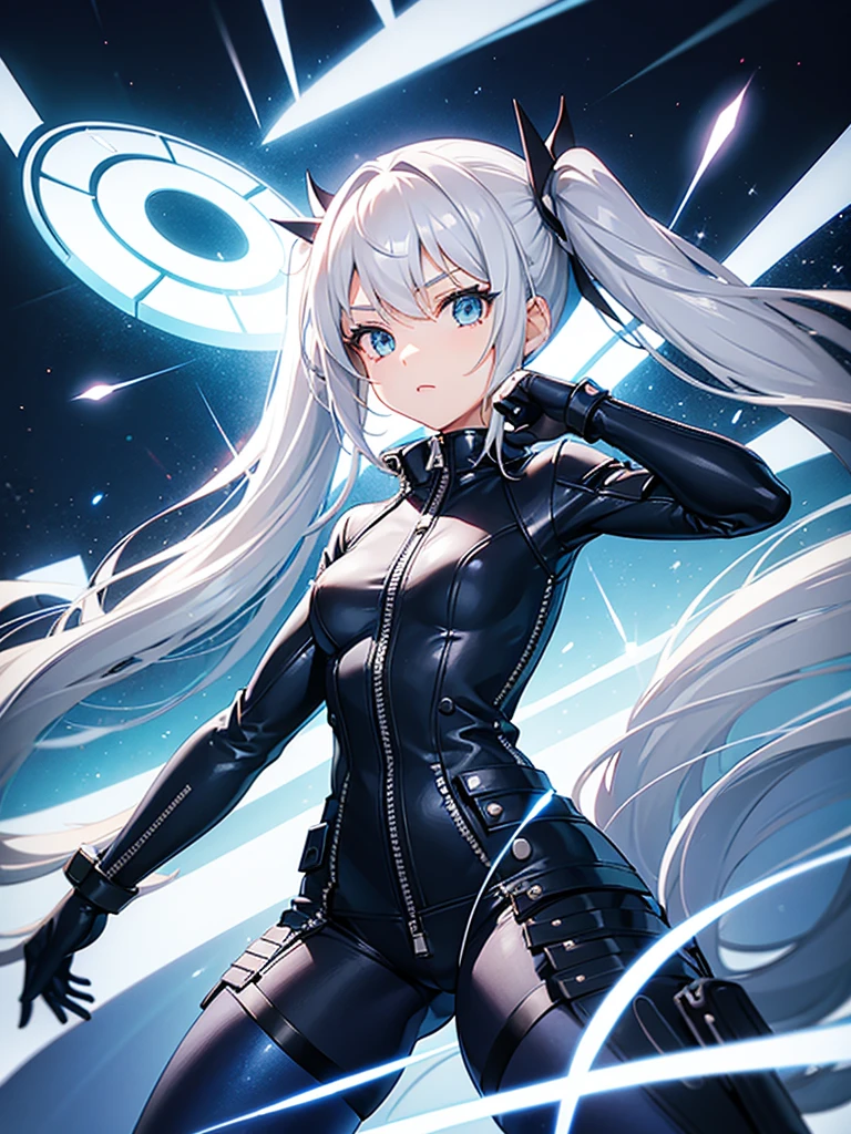 a girl,Long silver hair,long twintails,Blue tights,((Super detailed zipper)),Stylish style,dynamic poses,movie lighting effects