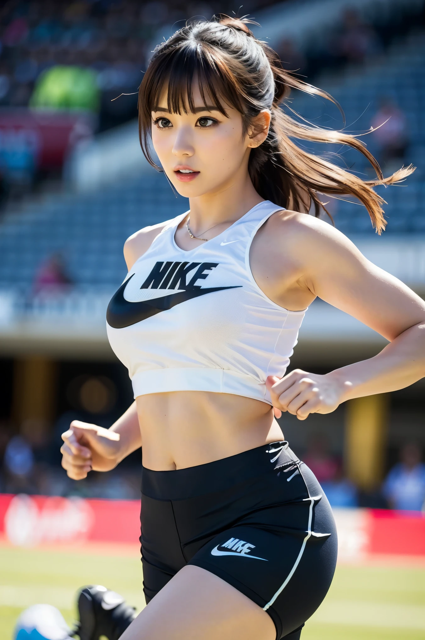 quality\(((Ultra-high resolution))), ((フォトリアリスティックなリアリズム16Kquality)),\ (Vibrant colors, Multicolor ((white, red, black)) in her outfit:1.25), (ultra-fine digital art)\, [(eye:Vibrant)]:{((リアルin完璧な丸い茶色の超不条理なディテール_eye: 1.3) in hyper absurd quality and resolution)}, (the most absurd quality perfect eye), ((Natural, super beautiful, cute, sharp face)), (明るい青whiteい顔色), ((clear no blur and sharp perfect round finely detailed pupils)), break, Detailed lips:1.3, [pink_compensate: 1.2], [Long Blue: eyeliner:1.2], [red: lipstick:1.35], [(Perfect darkness_eyehadows:1.35)], (スーパーディテールProfessionalフェッショナル [eye: compensate:1.3]), (Detailed nose:1.2),  break,\ in (Sports Style([red: running epic pants])Very detailed:1.3), and[black: Sport crop top], heart, [yellow: footwear(sneakers)], ((Wearing nike: [Very smooth] Wearing tight fitting outfit:1.4)), ((Highly dynamic poses, while running:1.33)), Official Art, Professional, Ultra intricate detailed, 8k, (明るい青whiteい顔色), ((Upper Body Shot)), ((in the stadion Grass)), 