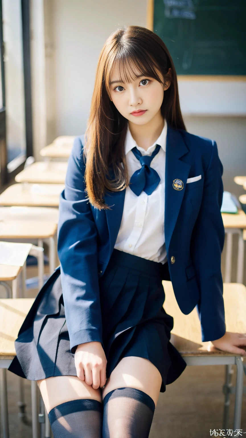 One beautiful woman, Long blonde hair, blue eyes, A blue ribbon in her hair, High School Outfit, Black blazer, Black Skirt, Blue tie, Medium Bust, Wearing thigh-high stockings, In the classroom, Serious expression, High resolution
