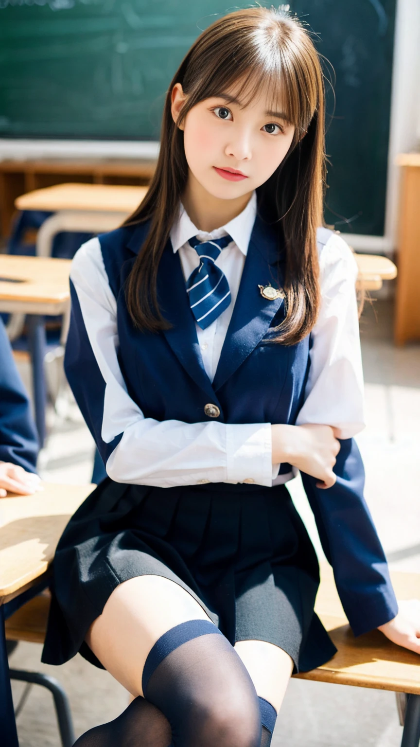 One beautiful woman, Long blonde hair, blue eyes, A blue ribbon in her hair, High School Outfit, Black blazer, Black Skirt, Blue tie, Medium Bust, Wearing thigh-high stockings, In the classroom, Serious expression, High resolution